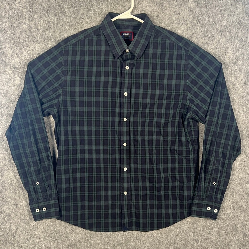 UNTUCKit Grant WF Slim Fit Plaid Button Down Shirt Green Navy Blue Medium 41691